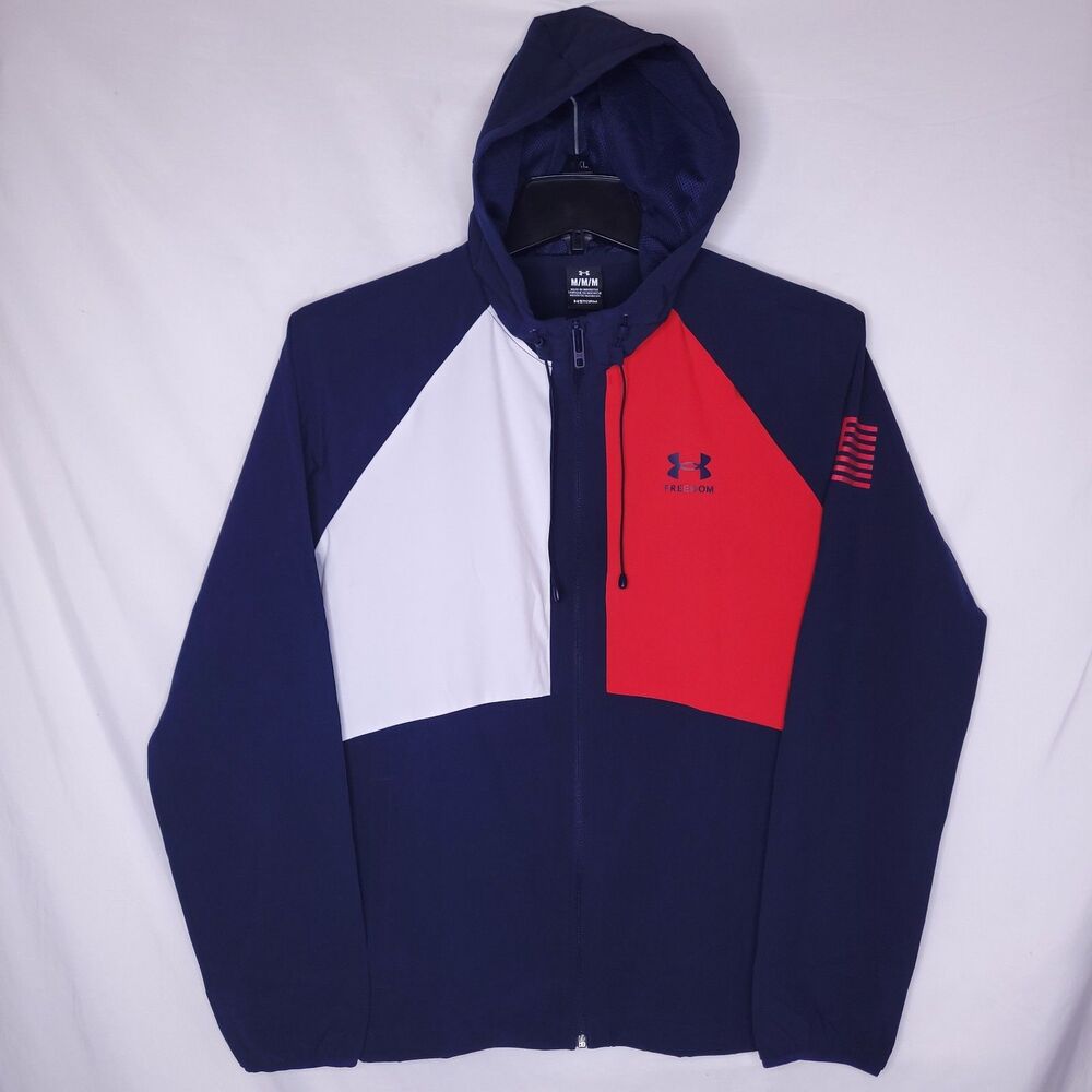 Under Armour Freedom Jacket Mens Medium Storm Red, White Blue Windbreaker Hooded